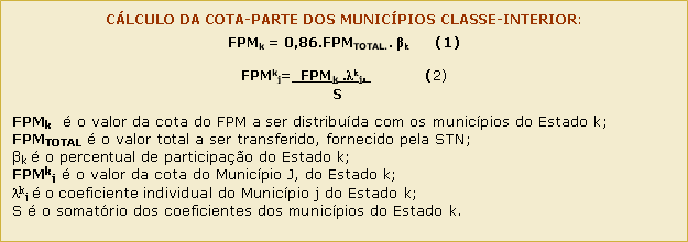 Caixa de texto: CÁLCULO DA COTA-PARTE DOS MUNICÍPIOS CLASSE-INTERIOR:

FPMk = 0,86.FPMTOTAL.. βk         (1)

FPMkj=  FPMk .λkj,             (2)
			  S

FPMk  é o valor da cota do FPM a ser distribuída com os municípios do Estado k;
FPMTOTAL é o valor total a ser transferido, fornecido pela STN;
βk é o percentual de participação do Estado k;
FPMkj é o valor da cota do Município J, do Estado k;
λkj é o coeficiente individual do Município j do Estado k;
S é o somatório dos coeficientes dos municípios do Estado k.
