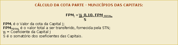Caixa de texto: CÁLCULO DA COTA PARTE - MUNICÍPIOS DAS CAPITAIS:

FPMj =γj .0,10. FPM TOTAL.
				S
FPMj é o Valor da cota da Capital j;
FPMTOTAL é o valor total a ser transferido, fornecida pela STN;
γj = Coeficiente da Capital j
S é o somatório dos coeficientes das Capitais.

